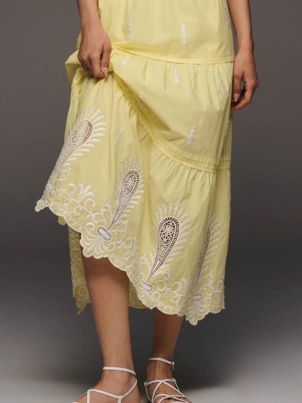 Anthropologie Somerset Short Sleeve Deco Embroidered Maxi Dress Honey Dew Yellow
